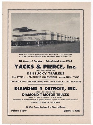 1950 Yacks & Pierce Ad: Diamond T & Kentucky Trailer Detroit Dealership, Kramer
