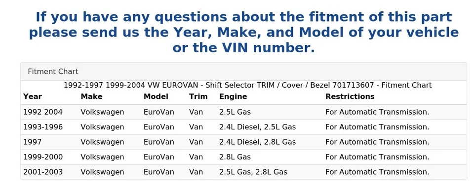 1992-1997 1999-2004 VW EUROVAN - Seletor de câmbio APARADO / Capa / Moldura 701713607 - Imagem 4 de 4
