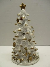 Candle Pierced Ceramic White GOLD Christmas Tree Tea Light Holder Luminary