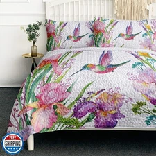 BlessLiving Tropical Birds Quilt Set Queen - Watercolor Hummingbird Floral