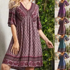 V-Neck A-Line Floral Print Midi Dress for Women - Bohemian Style Summer Dress