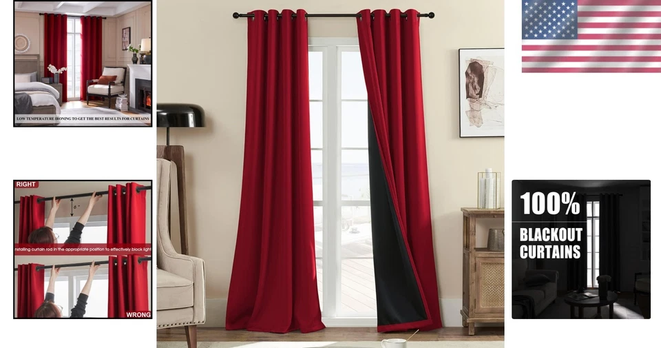 Bright Red Thermal Drapes, Complete Blackout, 52x84 - Image 2 of 4