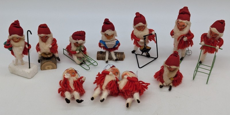 Vtg Santa Lot Spun Cotton Christmas Ornaments Figures Wire Skiing Sled Etc.