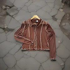 H&M Divided Brown Mesh Sheer Button-Up Crop Decorative Stitching Club Youthful