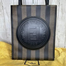 FENDI Hand Shoulder Bag Tote Purse FF Pecan Leather Brown Black Authentic