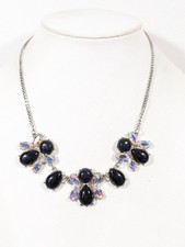 Black Cabochon Aurora Borealis Crystal Statement Necklace Silver Tone 20" Evenin