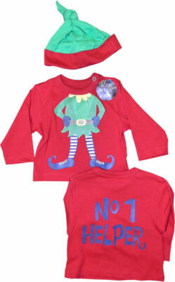 Baby Elf Suit Long Sleeve T-Shirt and Cap 0-3 Mths Santa's No 1 Christmas Helper