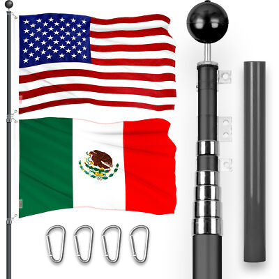 25 Ft Telescoping Flagpole Black & American and Mexico Flags Emb 300D 3x5Ft