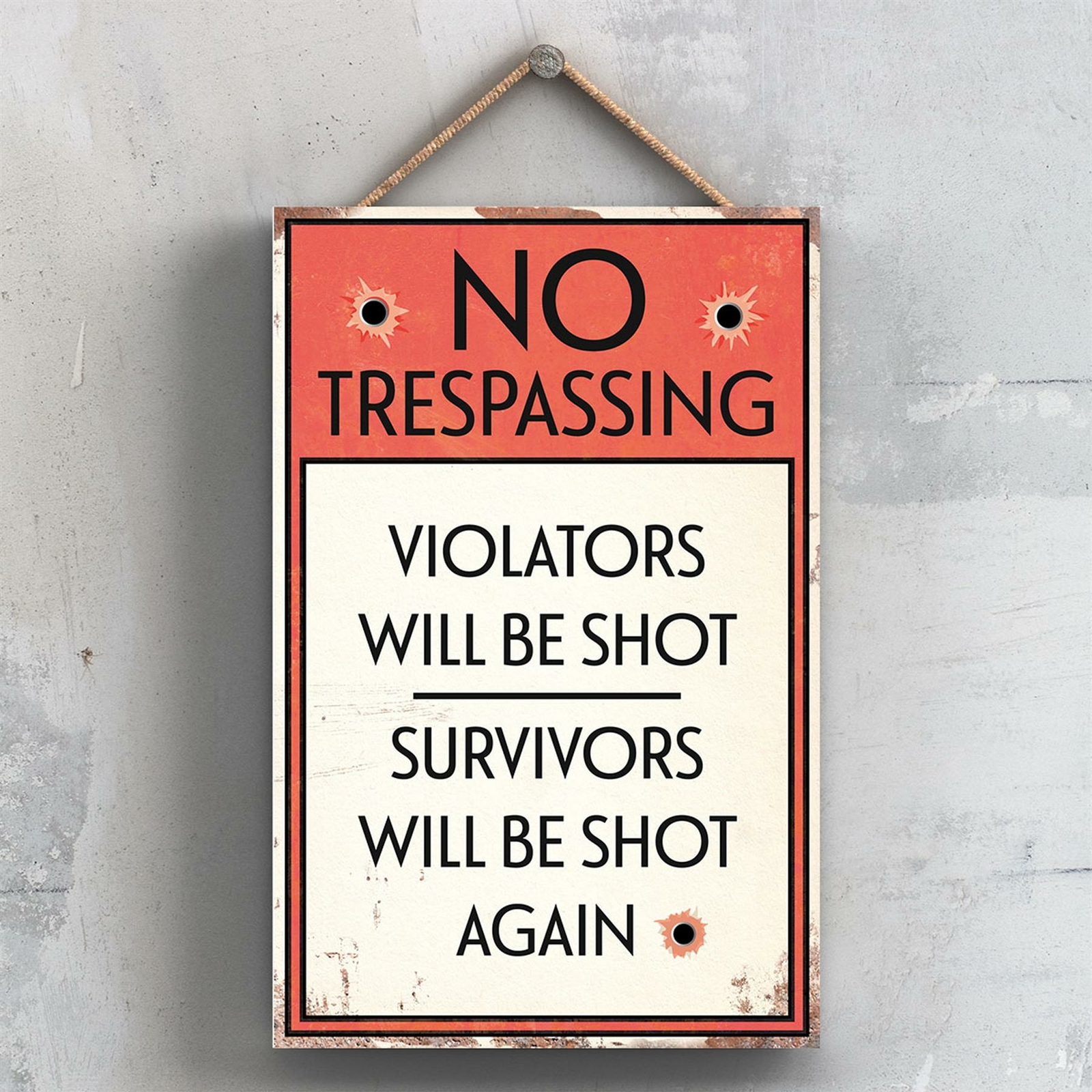 NO TRESPASSING VIOLATERS WILL BE SHOT TYPOGRAPHY SIGN PRINTED ONTO A PLAQUE