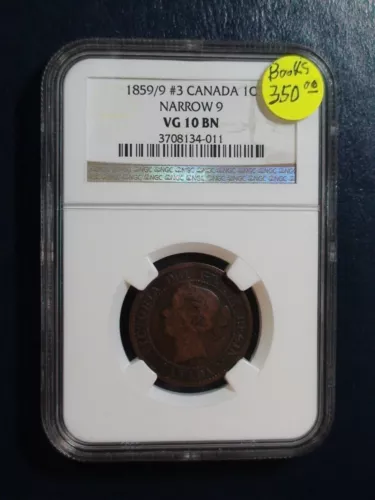 1859/9 #3 Canada LARGE Cent NGC VG10 BN NARROW 9 1C Coin PRICED TO SELL! 