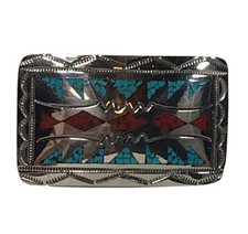 Vintage Ethnic Alpaca Inlaid Chip Coral  Turquoise Rectangle Belt Buckle West