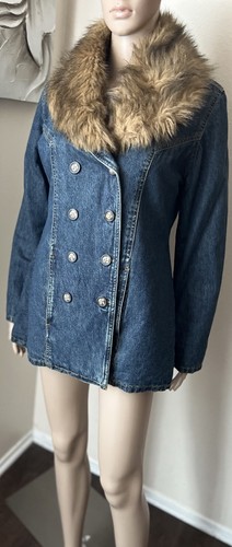 PARIS BLUE Vintage Y2K Double Breasted Denim Jacket Faux Fur Collar Coat sz M - Picture 5 of 12