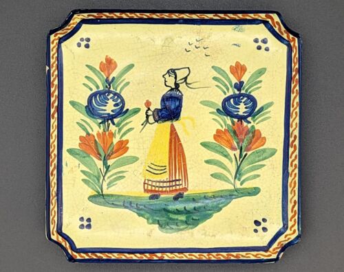 Vintage HB Quimper bretonische Damen-Keramik-Untersetzer gelb Frankreich 1920er Jahre Grande Maison - Bild 1 von 8