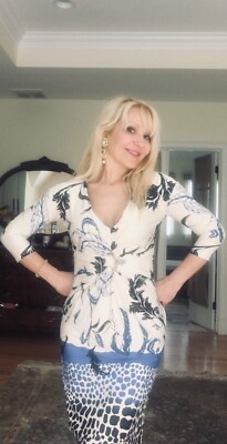 Roberto Cavalli Sexy Stretch Blue White Floral Party Dress IT 44 46 US L 10-12
