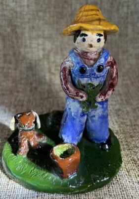 Rustic Ceramic Handmade Boy W/Frog & Dog In Overalls Figurine, Boys Will Be Boys