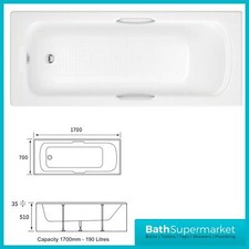 Gripped Bath Heavy Duty 1700mm x 700mm White Acrylic Bath Twin Grip Tub Bathroom
