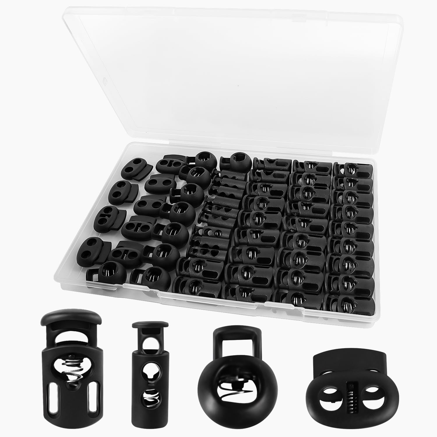 60 Pack 4 Sizes Plastic Cord Lock, Spring Toggle Stopper With, Draw String Clip,