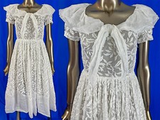 Vintage 1940s Organdy Whitework Embroidery Floral Vine Leaf Flounce Collar Dress