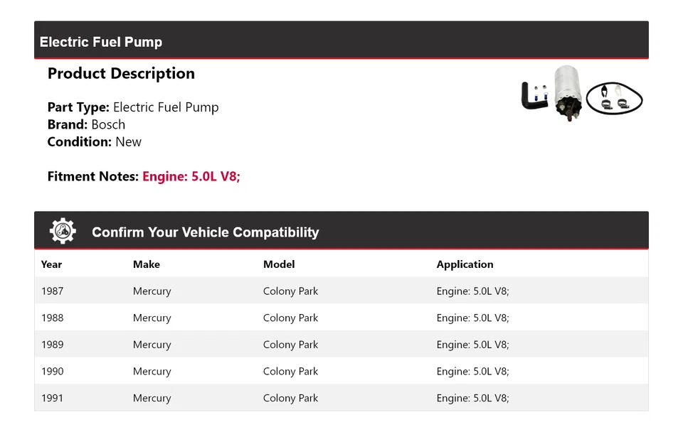 Bomba de combustible eléctrica Bosch V8 5,0 L Mercury Colony Park 1987-1991 1988 1989 Foto 2 de 4