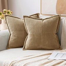 Corduroy Pillow Covers with Splicing Set of 2 18" x 18" Pack of 2 Khaki
