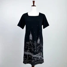 Vintage 90s NYC Skyline Empire State Black Shift Dress