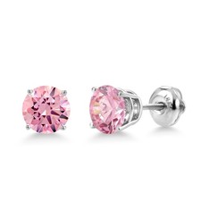 14K White Gold Stud Earrings 3.00 Ct Round 6mm Pink Zirconia