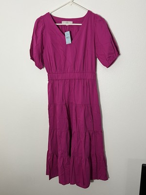 NWT Ann Taylor Loft Pink Purple Tiered Midi Dress Size Petite Small Cut Out Back