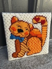 Cute Vintage Needlepoint Cat Kitten Art Decor Hearts BLH