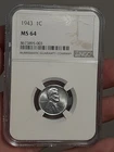 1943- P Lincoln Wheat Cent MS64 NGC