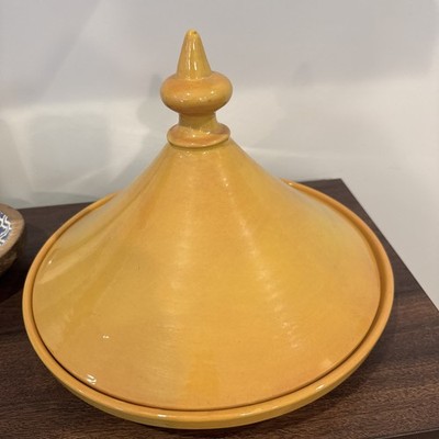 Moroccan artisan tagine pottery, 14 Inch Wide ceramic clay tagine, Gold Mustard