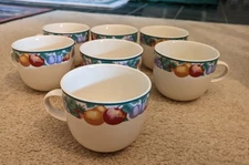 7 Tienshan Intro Orchard Flat Cup Fruit Border Stoneware 8 oz Red/Green VTG