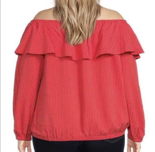Michael Kors Seersucker Blouse Medium Sangria Pink Ruffle Off Shoulder NWT - Picture 2 of 8
