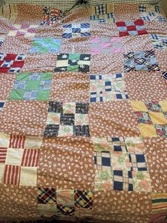 Antique Vintage Quilt Top 9 Patch w/ Beige Floral Squares 60 x 70" Machine Piece