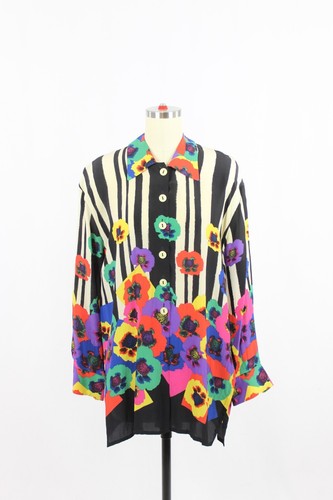 Escada, Vintage 90's LAUREL by ESCADA Striped Floral 100% Silk Button Up Blouse, Size 36