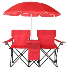 Double Folding Chair Picnic Cooler Camping Beach with Removable Sun Umbrella