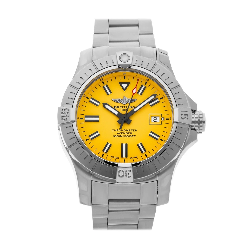 Breitling Avenger Seawolf Steel Auto Yellow Bracelet Watch 45mm A17319101I1A1