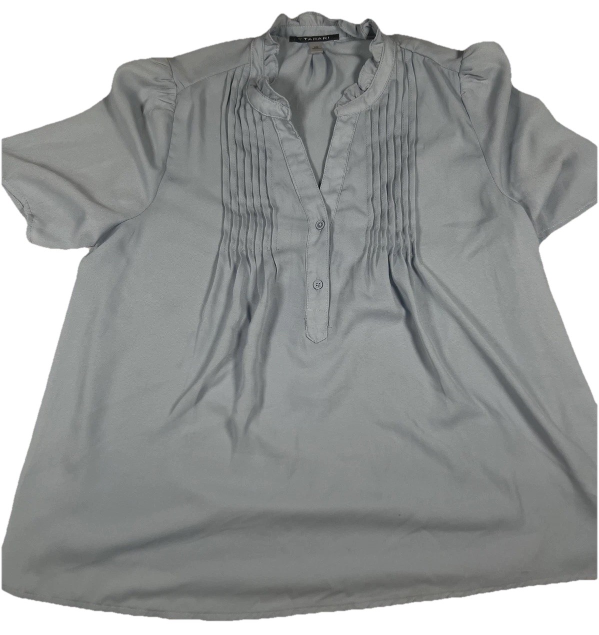 Tahari Blouse Womens Large Blue Ruffle Pintuck V Neck Short Puff Sleeve Top