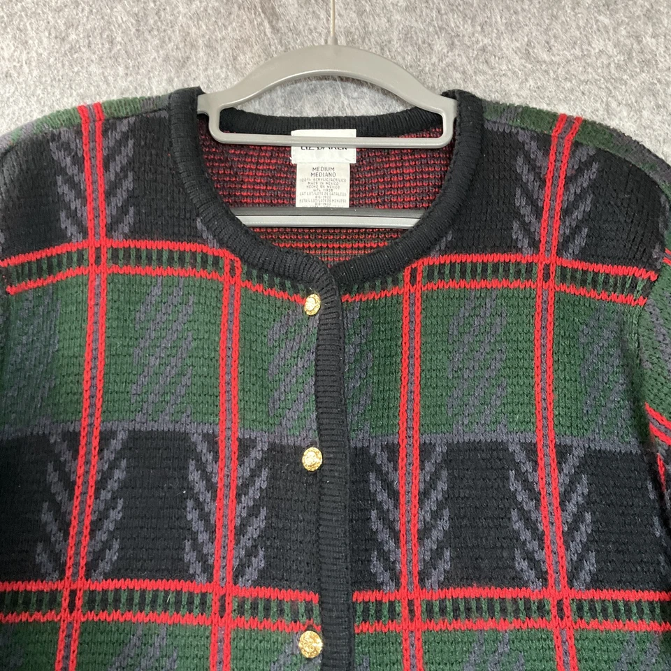 Suéter Vintage Mujer Mediano Negro Rojo Bolsillos a Cuadros Dorado Botón Cárdigan Retro Foto 2 de 4