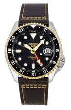 Seiko 5 Sports SKX GMT Leather Strap Black Dial Automatic SSK036K1 Men's Watch