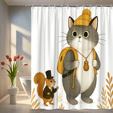 Cute Cat and Squirrel Shower Curtain - Whimsical Animal Design