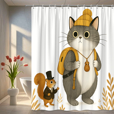 Cute Cat and Squirrel Shower Curtain - Whimsical Animal Design