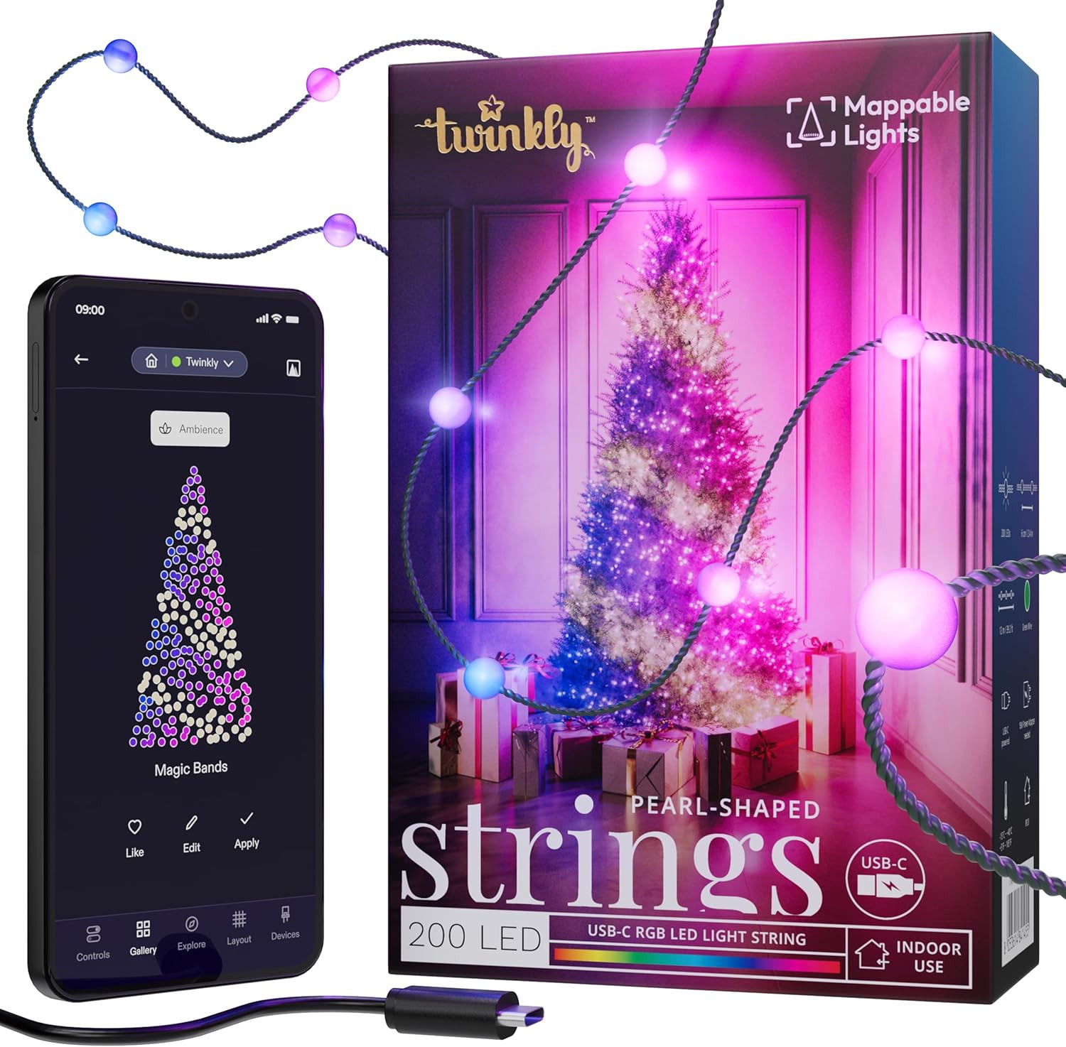 Strings USB-C Pearls 200 LED, Striscia Luci LED a Forma Di Perla, Luci LED Multi