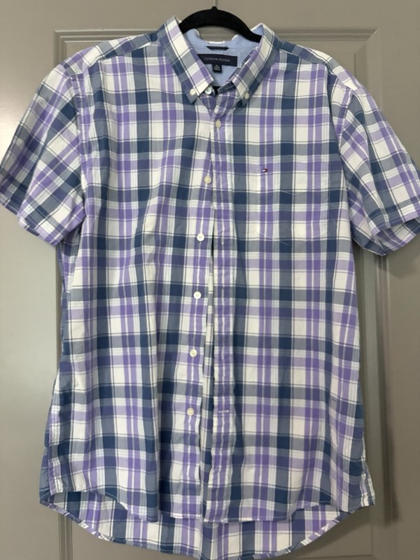 Tommy Hilfiger Men's XL Custom Fit Plaid Short Sleeve Button-Down Shirt Purple