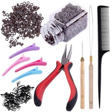 Hair Extensions Kit 500 Pcs Brown Micro Ring Beads 1 Micro Beads Plier 2 Hook