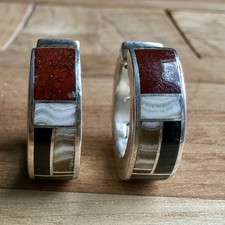 Pendientes de aro navajo Wayne Etsitty 0,7 pulgadas pluma ágata ónix esterlina 14,0 g