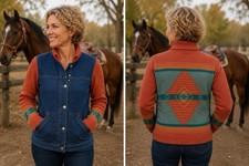 Pendleton Wool Blend Denim Jacket Coral Aztec Print SMALL Knit Back
