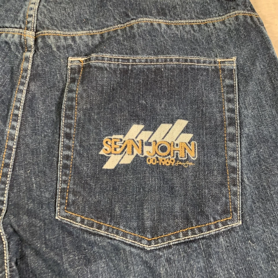 Vintage Sean John Shorts Mens 36 Blue Denim Baggy Utility Y2K Embroidered 90s - Image 2 of 4