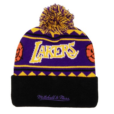 🔥NEW! Mitchell Ness NBA Los Angeles Lakers Purple-Black Pom Knit Beanie  NWT
