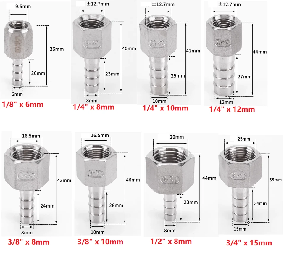 Adaptador de cola de manguera 304 acero inoxidable 1/8" 1/4" 1/2" 3/4" BSP hembra a tubo Foto 3 de 4