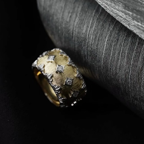 Vintage Italy Satin Texture Carving Craft Natural Diamond Ring 14K 2-Tone Gold - Picture 4 of 9